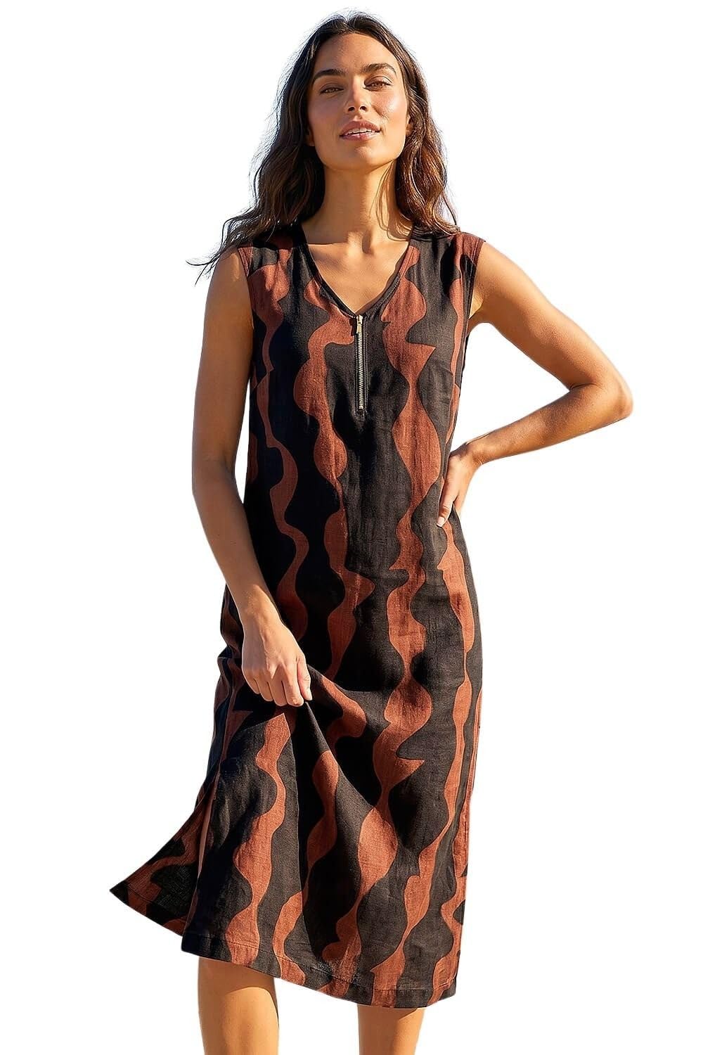 Roman Originals Women's Tan Wave Zip Front Midi Shift Dress For Uk - Everyday Holiday Spring Summer V-Neckline Comfy Soft Evening Vacation Work Party - Size 20