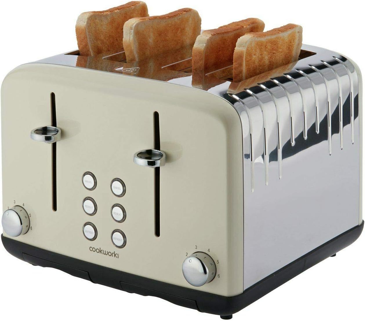 COOKWORKS Pyramid 4 Slice 6 Settings Wide Slot Toaster 2300W Cream