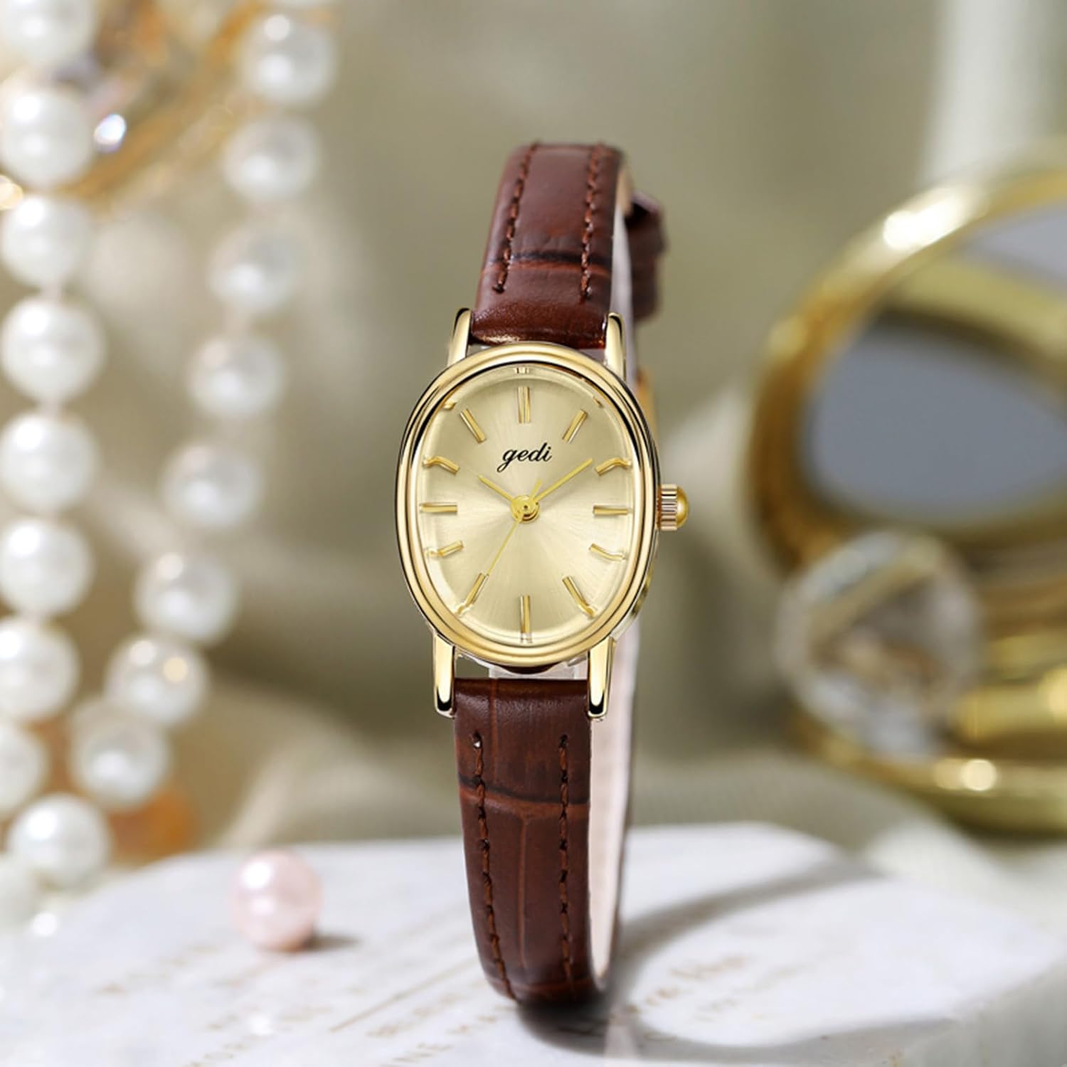 Gosasa Vintage Women’s Quartz Watch Elegant Oval Dial Ladies Analog Dress Wristwatch for Small Wrist Genuine Leather Strap Lightweight Gift for Her - Image 3