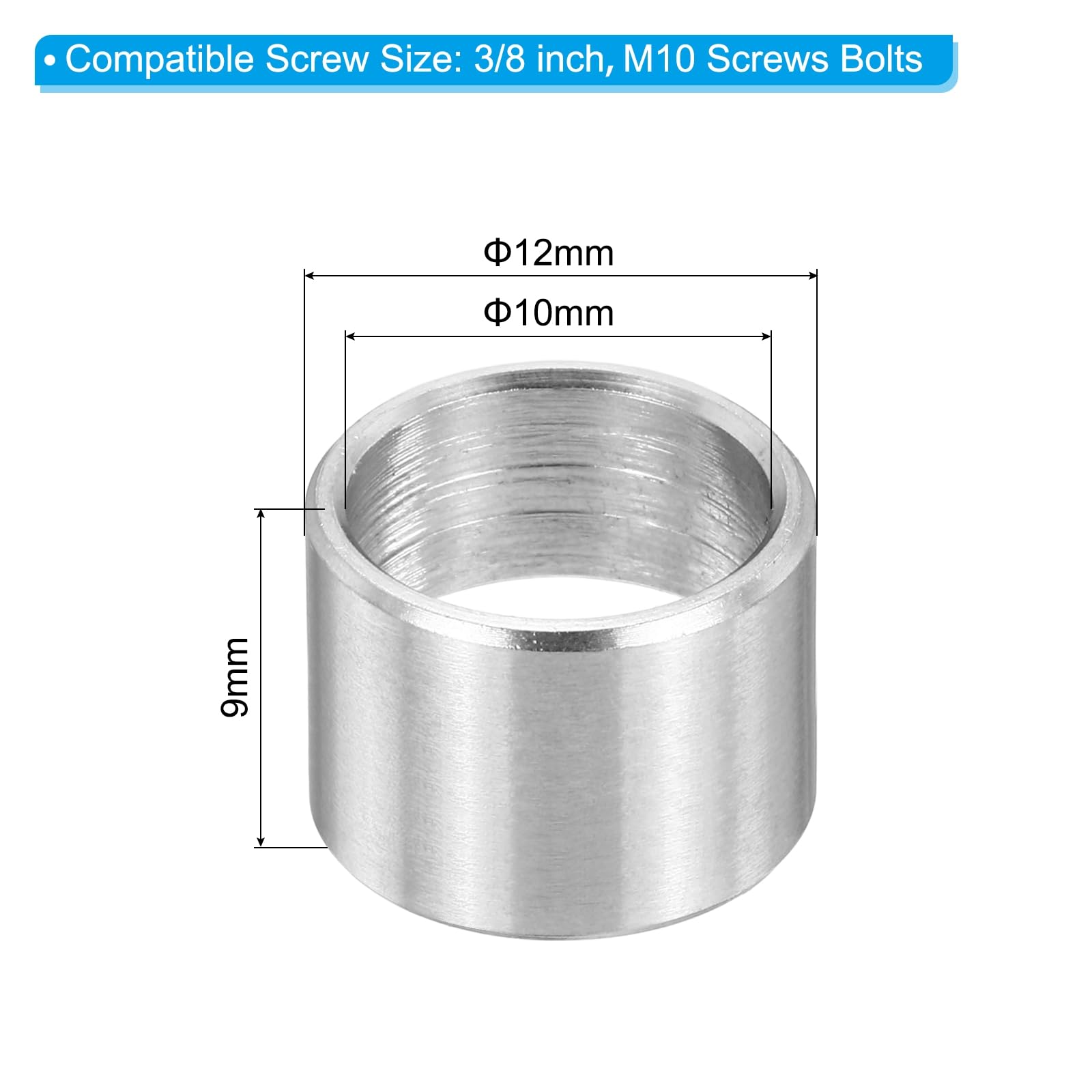 PATIKIL M10 Stainless Steel Spacers, 12Pcs Metal Spacer 10mm ID x 12mm OD x 9mm L Screw Standoff for 3/8" or M10 Screw - Image 2