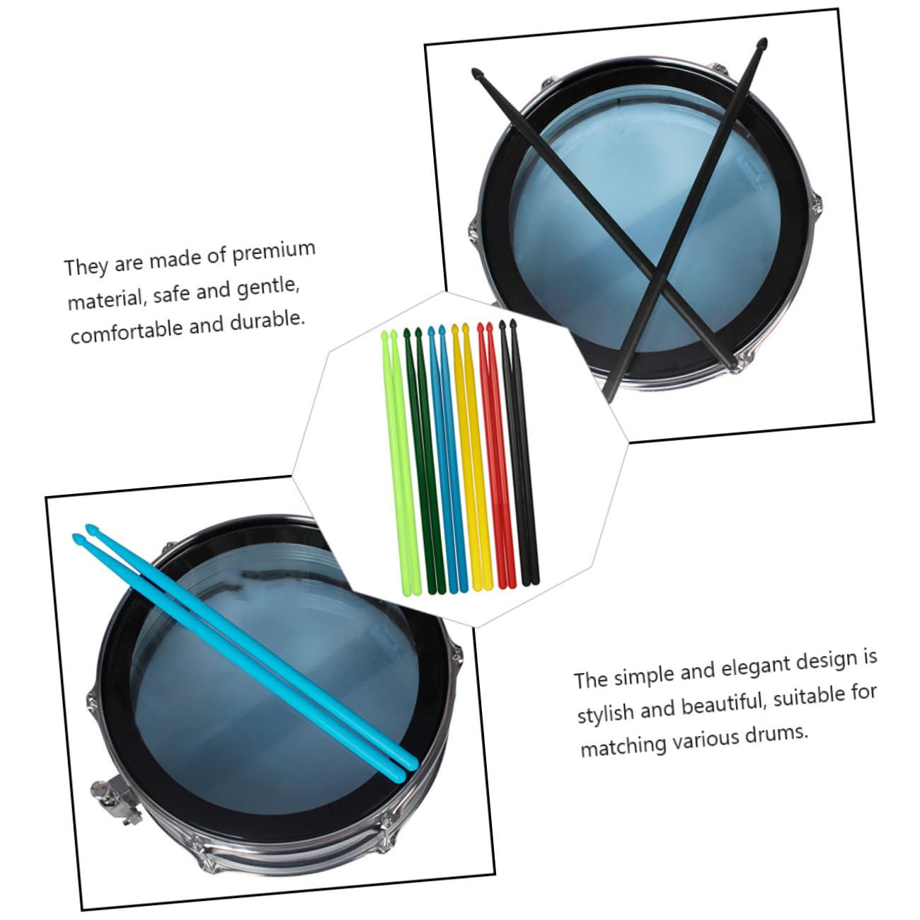 Veemoon 5 Paires Baguettes Batterie Nylon Durables Colorées pour Instruments de Percussion Confortables et Polyvalentes pour Batteurs Débutants et Professionnels