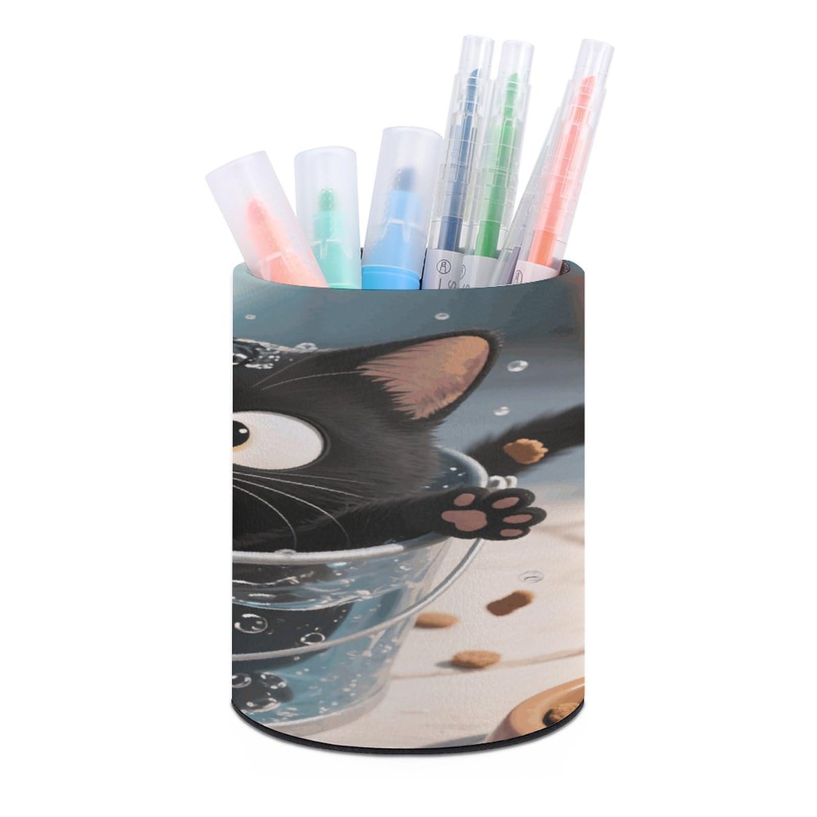 VstaDank - Cat Pen Holder Round PU Leather Desk Organizer for Office Desk Home Decoration (3.1 x 3.9 inch)
