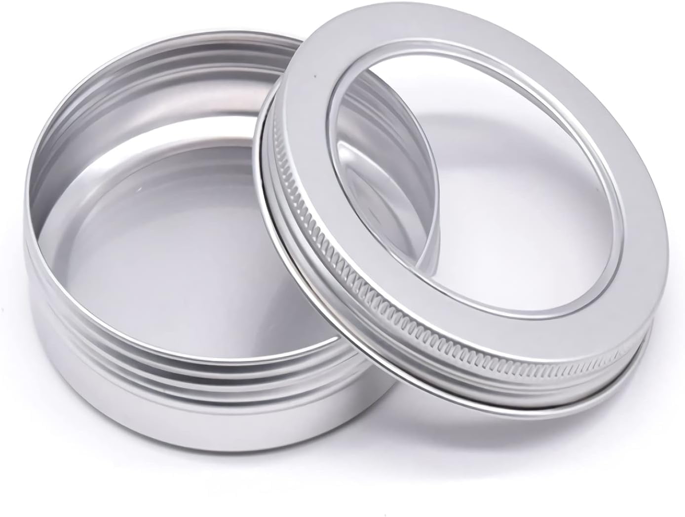 Konserwy kosmetyczne. 24 szt. 150 ml puste okrągłe srebrne puszki aluminiowe puszki słoiki z zakrętkami przezroczyste okienko(5.1 Ounces)