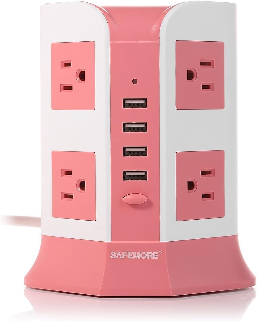 Smart 8-Outlet with 4-USB Output Power Strip (Pink and White)