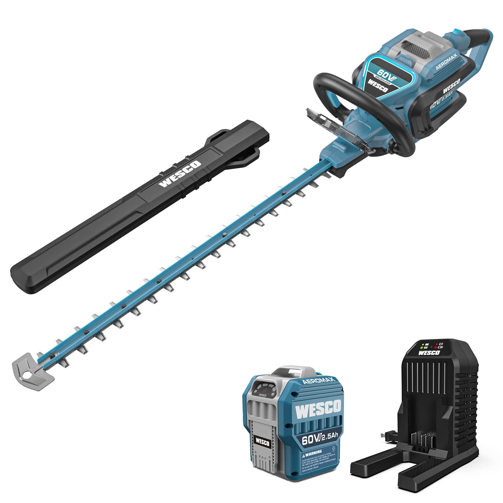 WESCO 60V Cordless Hedge Trimmer, Power Brushless 24-Inch Dual Action Cutting Blades, 3800RPM, 1-Inch Cutting Capacity, Include 2.5Ah Battery & Fast Charger