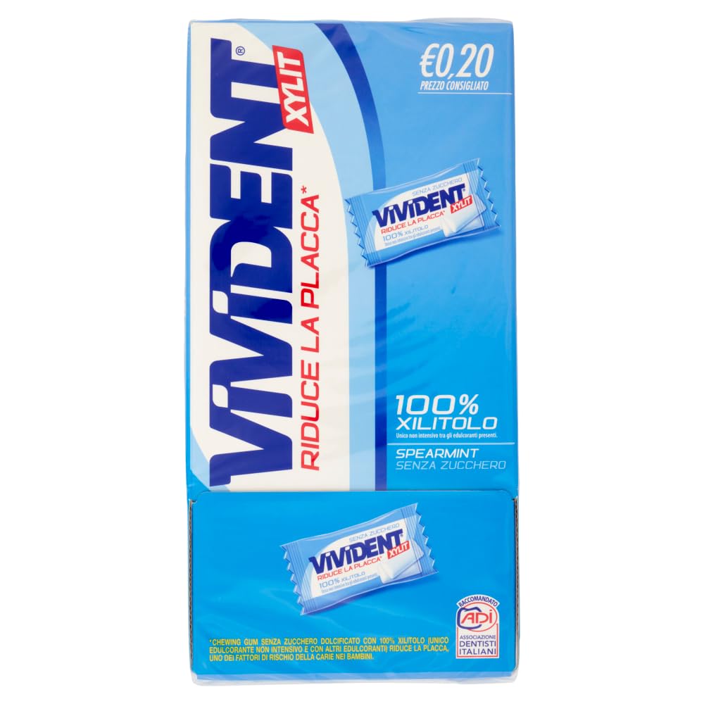 Vivident Xylit, Chewing Gum, Gusto Menta, Senza Zucchero, Senza Glutine, Confezione da 200 Gomme da Masticare Ripiene Monoporzione, Incartate Singolarmente,da Condividere, Feste, Compleanni