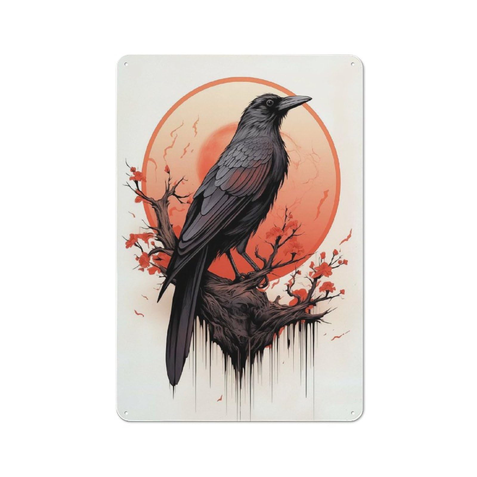 Junmoney Style-16 Classic Red Moon Raven Ink Metal Wall Plaque 30X20cm, Nostalgic Wall Art For Living Room, Hallway, Kitchen Or Cafe