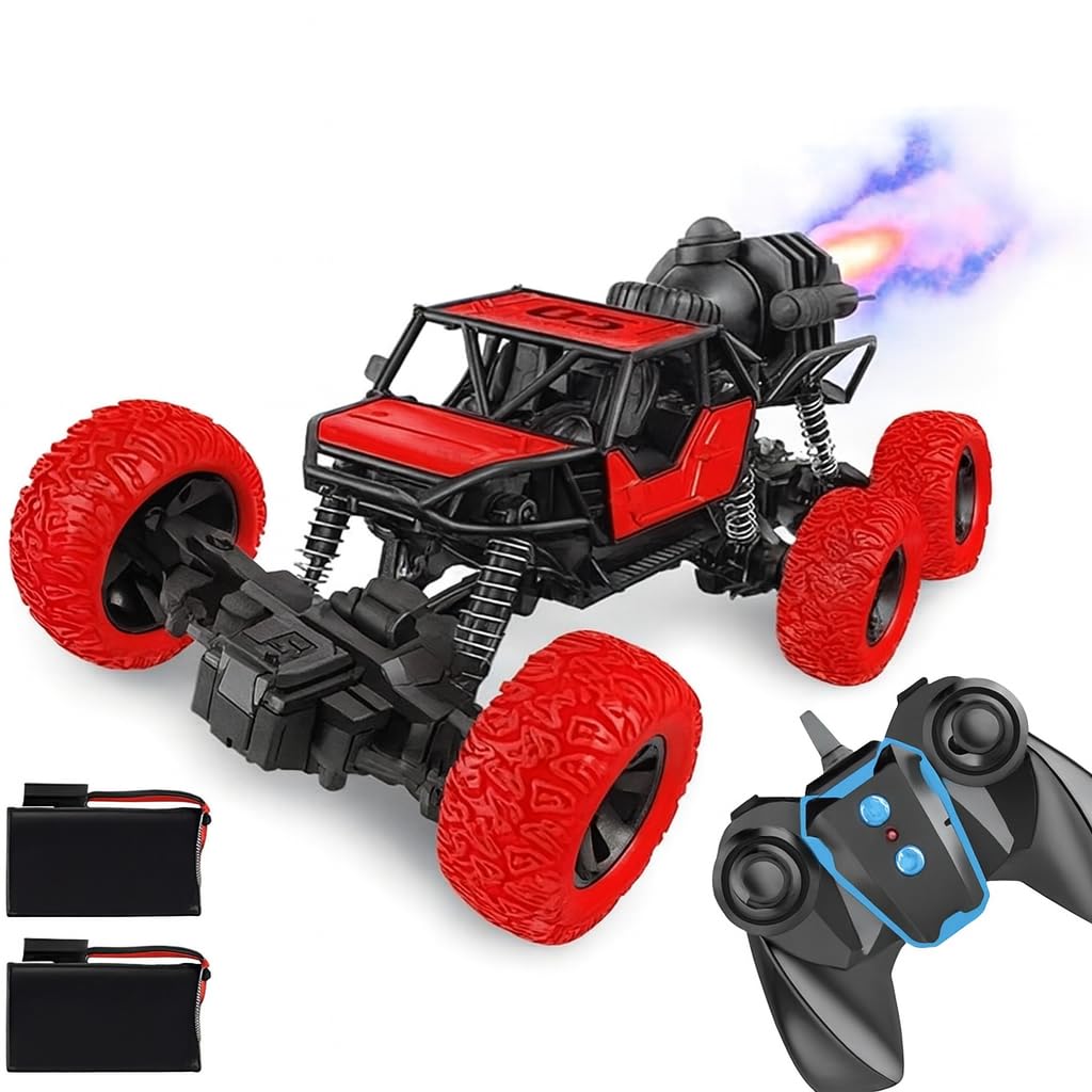 Fitto 6X6 Remote Control Truck with Smoke Mist Spray, LED Lights, and 2 Engines, RC Car Red