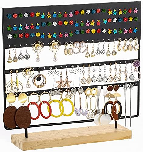 Sooyee Metal Earring Holder and Jewelry Organizer,Jewelry Rack Display Classic Stand with Wood Base Tray,6 Layer 144 Holes for Hanging Earrings Piercings,Ear Stud,Black