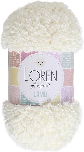 1 Ball Loren - Hilo de tejer de cordero, 100% micro poliéster, 3.5 onzas (3.53 oz)  109 yardas (328.1 ft), hilo peinado mullido, color crema claro,