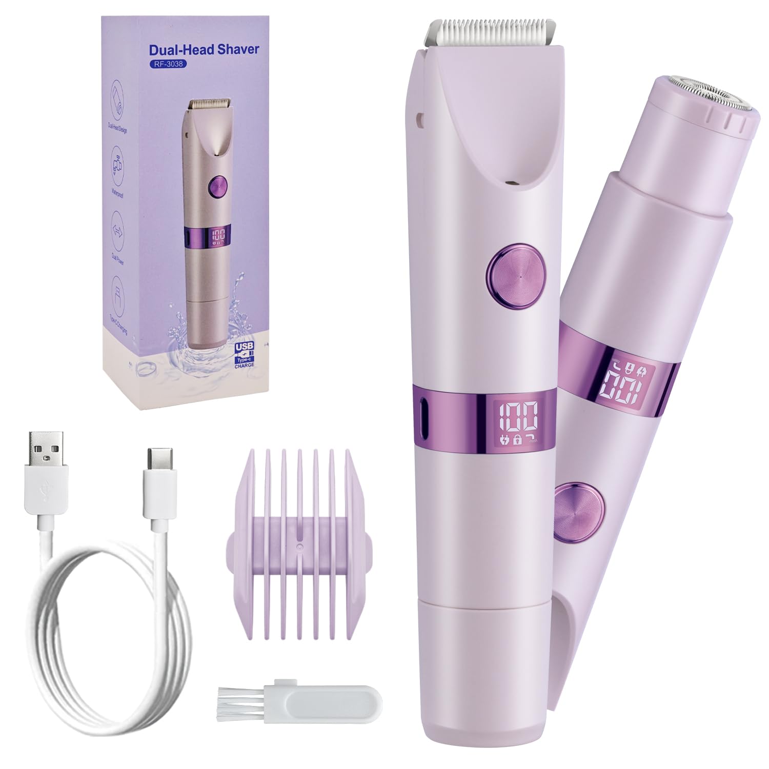 Bikini Trimmer for Women，Dual Head Women Shaver IPX6 Waterproof Cordless Pain Free Hair Removal with Safety Lock Trimmer for Smooth Skin Ideal for Bikini Area Body and Facial Hair (Purple)