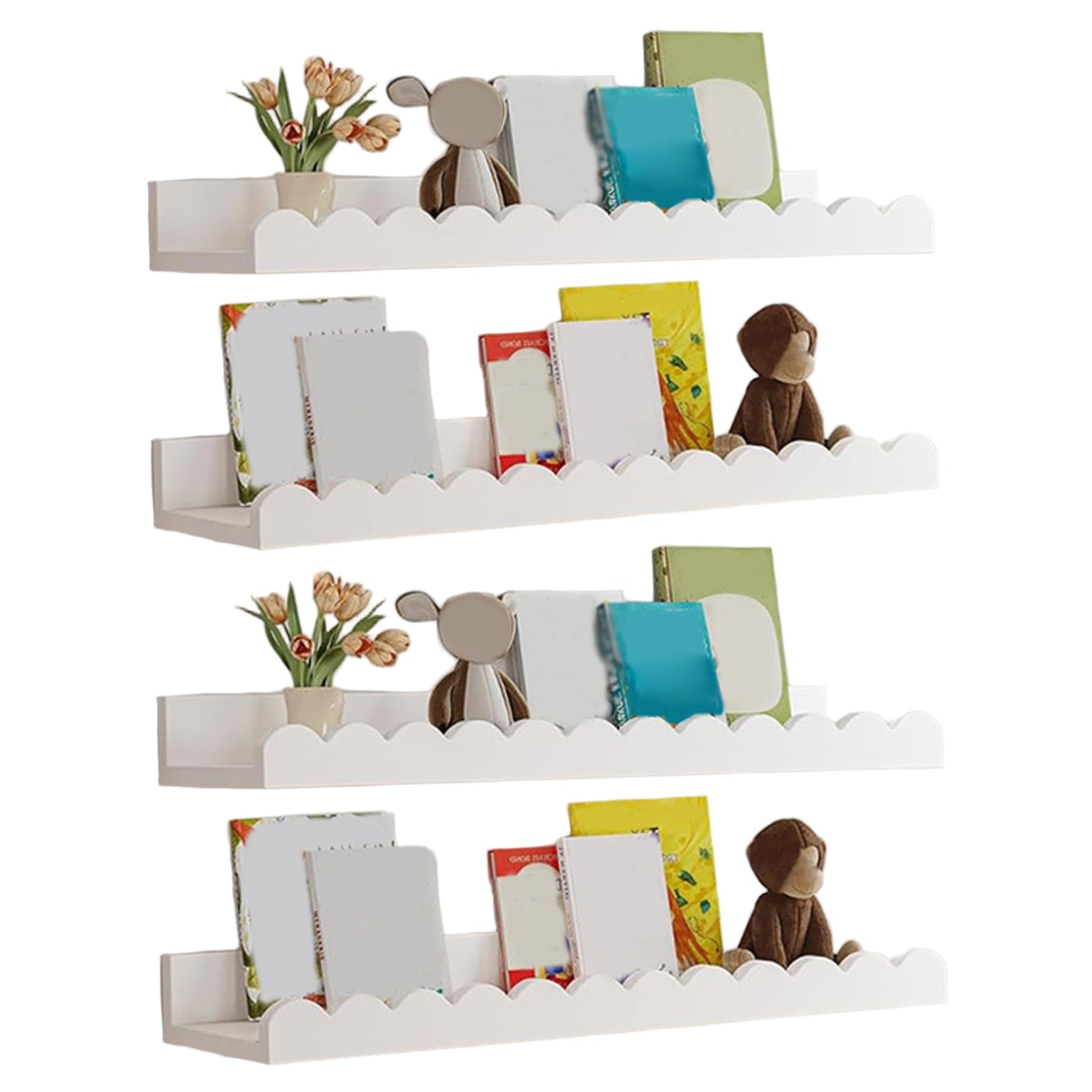 Nukinp 4Pcs/Set Scalloped Wall Shelf 16.54x3.35x1.97 Natural Wood/Bamboo Decorative Floating Shelves Nursery for Books, Plants, Toys, Photo Frames