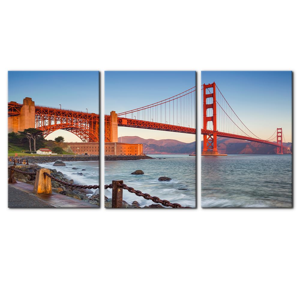 Pacimo Golden Gate Bridge Framed Canvas Wall Art Set of 3, San Francisco Cityscape Gallery Wrapped Poster Prints Painting California Bridge Wall Decor