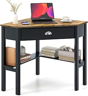 TangkulaCorner Desk, Corner Computer Desk with Drawer for Small Space, Small Corner Makeup Vanity Desk, 90 Degrees Triangle Corner Desk with Storage Shelves