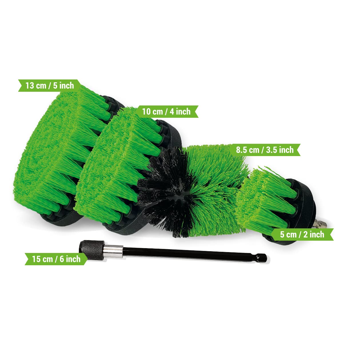 Kornely Premium Drill Brush Professional - Medium-Stiff 5-Piece Kit (13/10 / 8.5/5 cm Brushes + 15 cm Extension) - Image 3