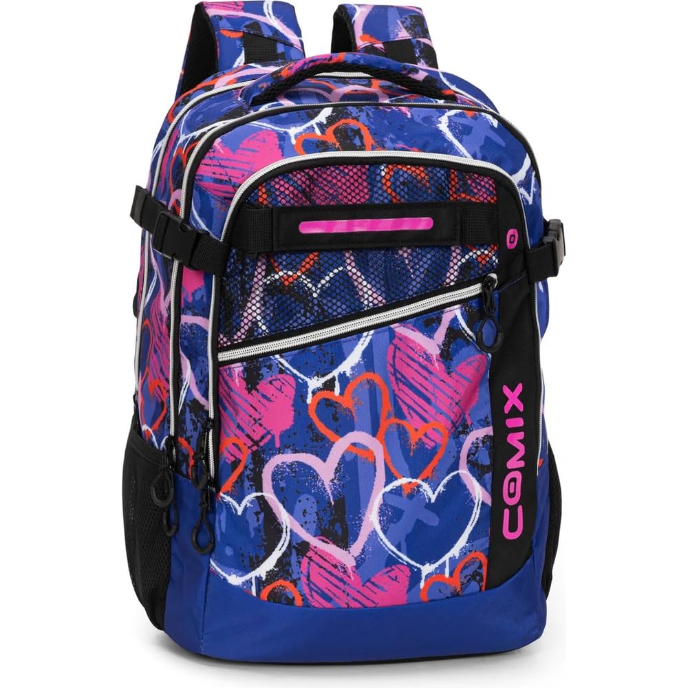 Schulrucksack C0mix WBS Graffiti, rund, violett, mit Herzen – thermogeformter und gepolsterter Rückenteil zur Lastenverteilung + 7 löschbare Stifte und Schlüsselanhänger mit Pailletten