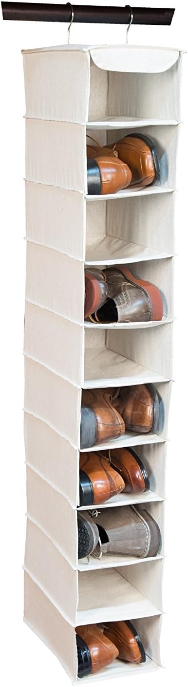 Large Canvas 10 Shelf Hanging Shoe Organizer / Storage Rack (Natural Beige)