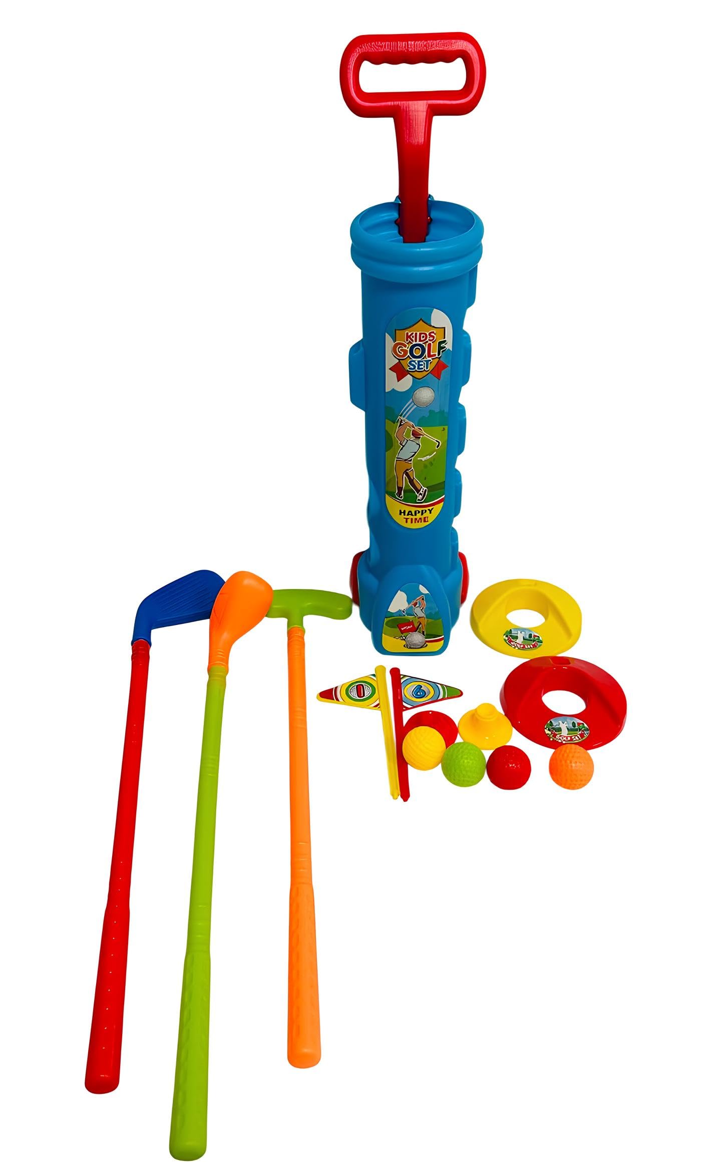 Golf Enfants Ensemble de Jeu Sac avec Roues Trolley 3 Battes 4 Balles 2 Trou Drapeau Mini Golf Intérieur Extérieur