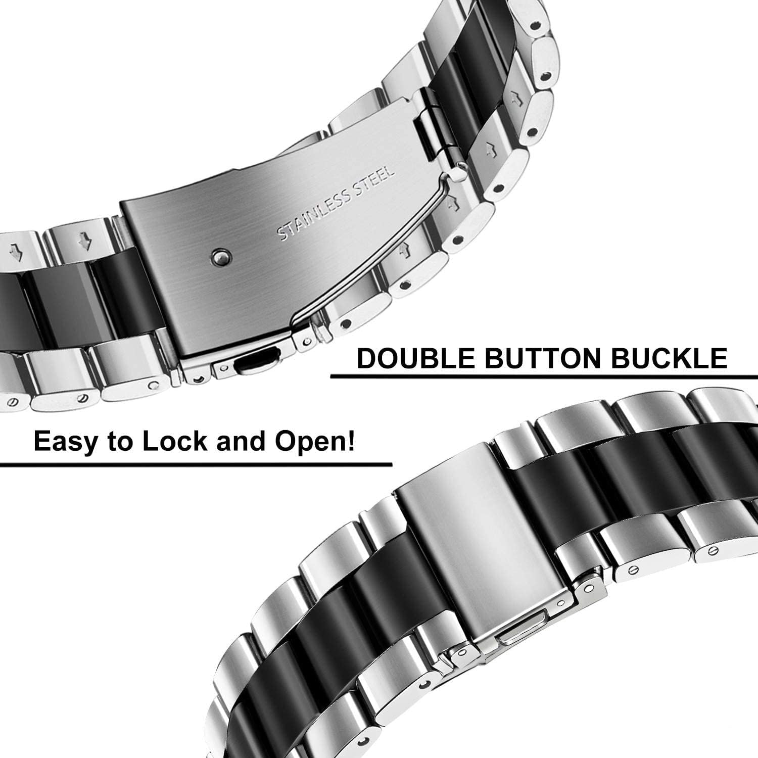 20mm Metal Bands for Garmin VivoActive 6/5/3,Forerunner 165/55/245/645 Watch Band, Garmin Venu/Venu Sq/Sq 2/Venu 2 Plus Watch Band, 2Pack Stainless Steel Wristband Strap for Men Women -Black/Silver
