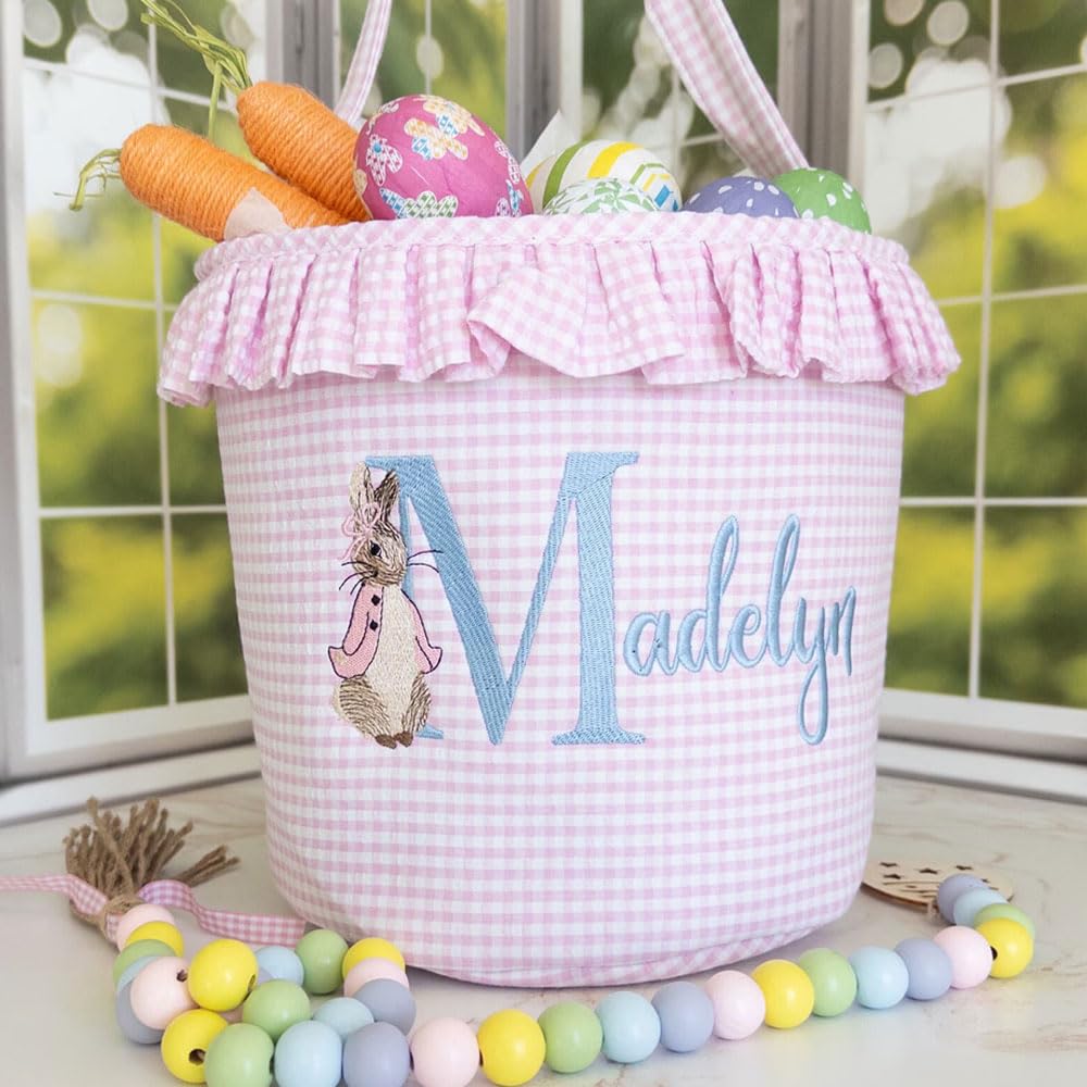 Personalized,Monogram Easter Tote,Embroidered Easter Basket,Seersucker Easter Basket with Name, New Baby Gift Holiday Gifts (Pink)
