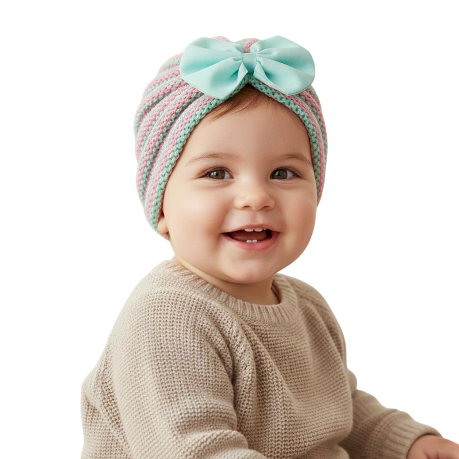 Baby Boy Girl Kids Bow Striped Knitted Hat Children Warm Wool Bowknot Hats Infant Baby Hat 0-4 Years (Mint Green)-image-36