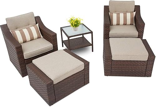 Miniatura 2 de Juego de muebles de patio al aire libre de 5 piezas para todo tipo de clima, silla de mimbre marrón y juego de conversación otomana con mesa