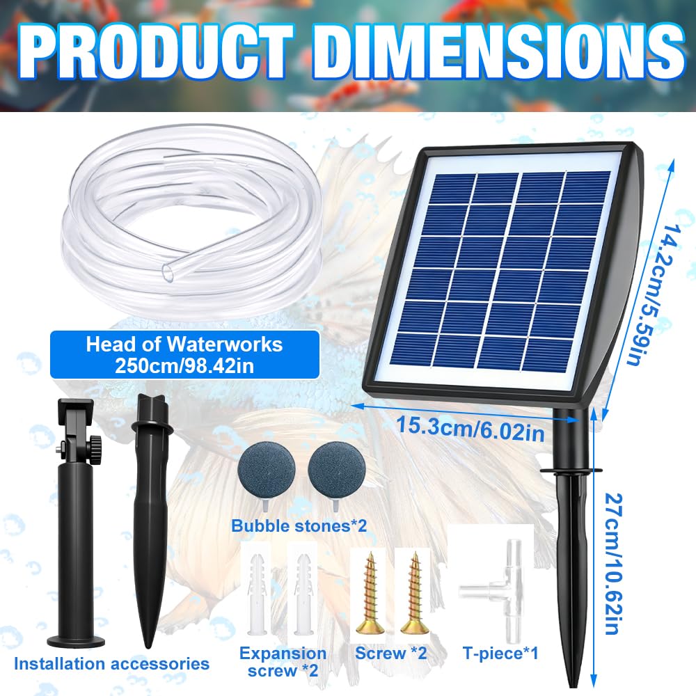 Solar Teichbelüfter, Solar Luftpumpe mit 2 Blasensteinen, IP64 Wasserdichter Sauerstoffgeber für Teich, Aquarium, Hydrokultur, Fischtank, Wasserbrunnen, Garten
