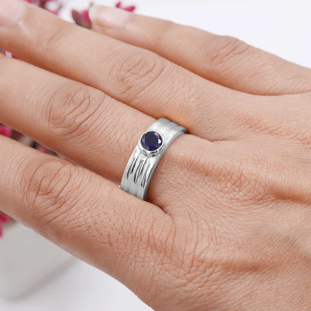 925 Sterling Silver Blue Sapphire Ring – 5mm Round Natural Blue Sapphire Jewelry for Women