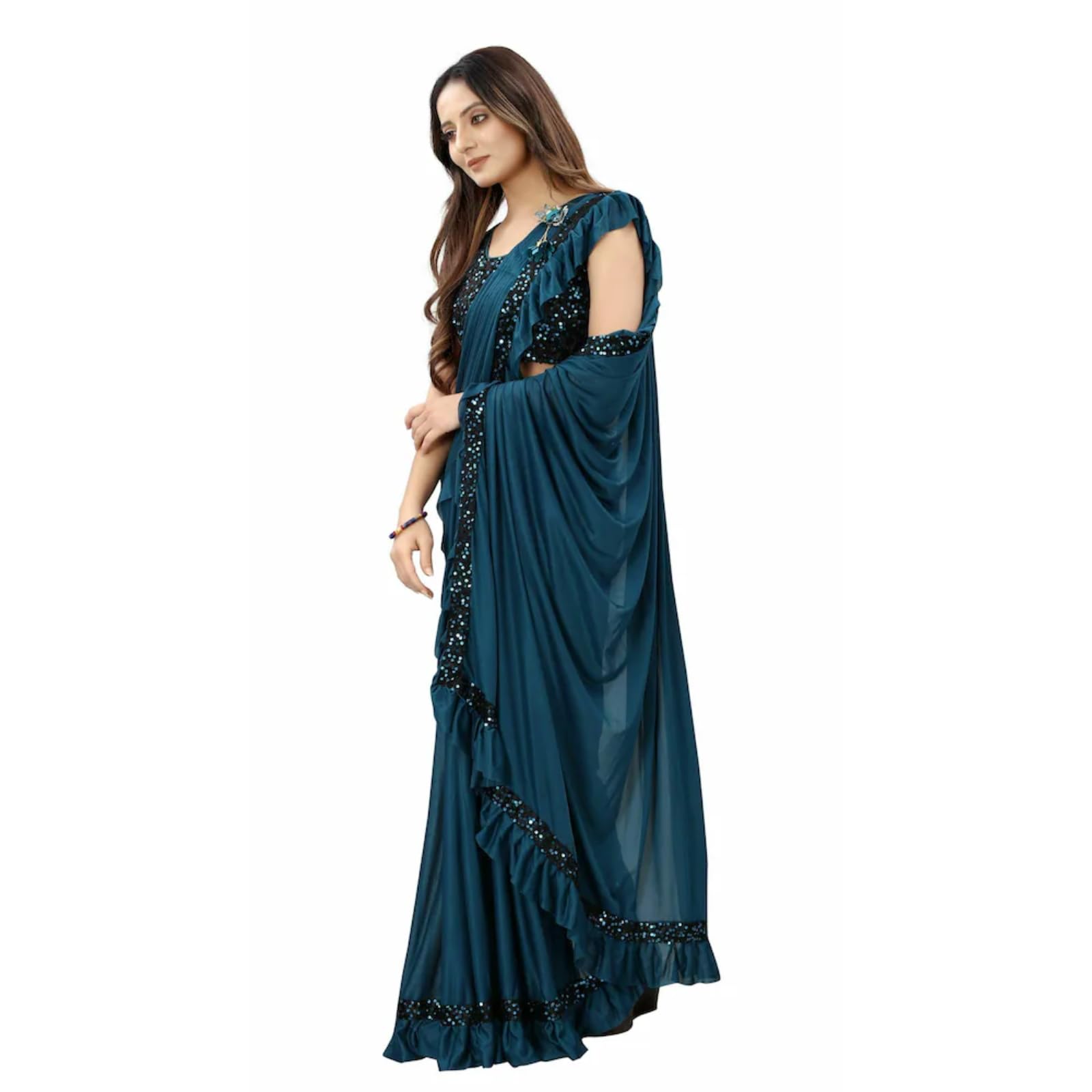 Dhyey fashion Fashionable Baby Girls Lycra Blend Saree with Velvet Unstitched Blouse Piece | Readymade Saree For Girls | Sarees For Girls | RTW Kids Teal Blue Saree 4-5 Years S - Image 4 thumbnail