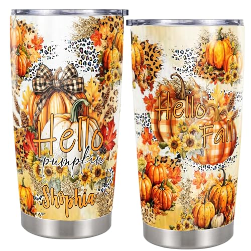 Fall Tumblers Custom Name Autumn Travel Mug Coffee Pumpkin Spice Insulated Cup with Lid Stainless Steel 20Oz 30Oz Personalized Decor Gifts for Women Men Thanksgiving