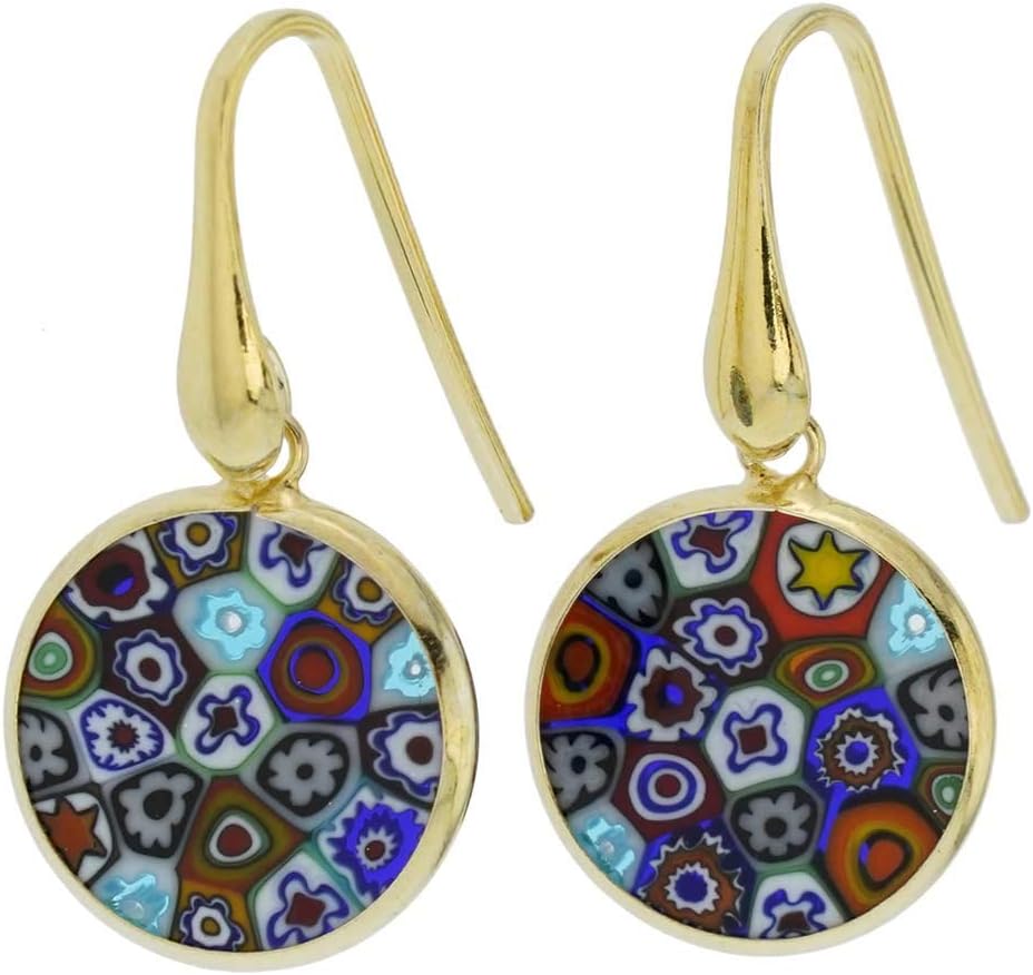 Glass Of Venice Italian Murano Glass Earrings Dangle Round Multicolor Millefiori Flower In Gold-Plated Sterling Silver - Murano Glass Earrings For Women
