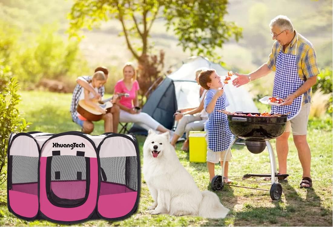 Foldable Pet Dog Playpen, Pop Up Portable Cat Playpen, Indoor/Outdoor for Kitten Puppy Play Pen, Cats Crate Tent with Carrying Bag, 600D Oxford (Rose + Beige, Medium (31.5"x31.5"x23"), 8)