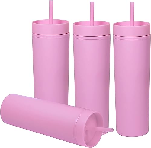 SKINNY TUMBLERS - Paquete de 4 vasos acrílicos de color pastel mate con tapa y popote, perfecto para el hogar, viajes, vaso de plástico reutilizable