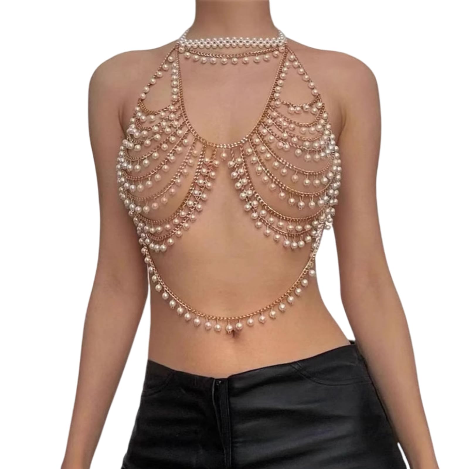 Perlas accesorio corporal tipo sujetador halter multicapa para noche 8