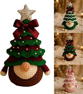 DIY Crochet Christmas Gnome Kit, Beginners Craft Knitting Gnomes Tree Ornament, Bow Pearl Xmas Gnome Crafts Set with Detailed Pattern