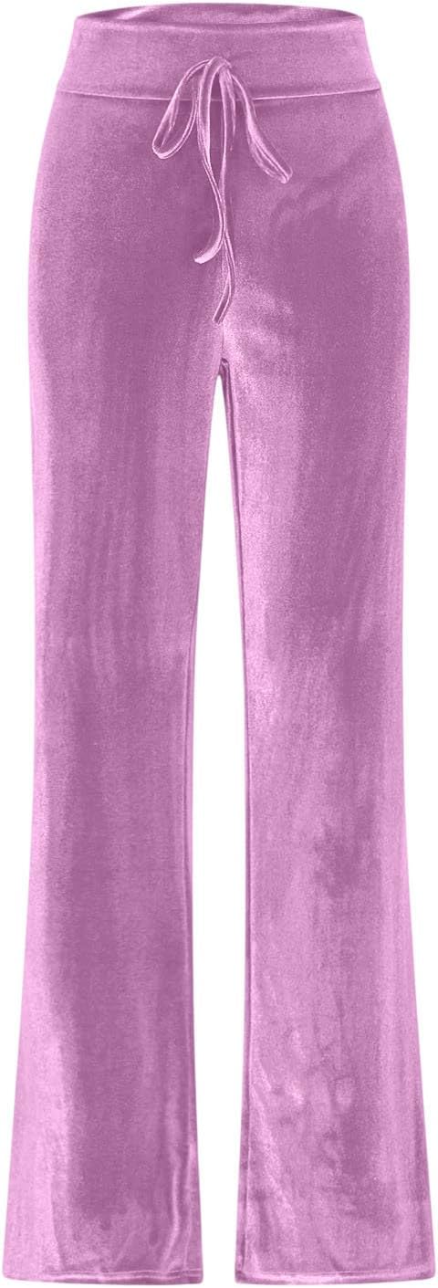 Women's Velour Velvet Wide Leg Pants Drawstring High Waist Palazzo Pants Casual Loose Dressy Jogger Trousers