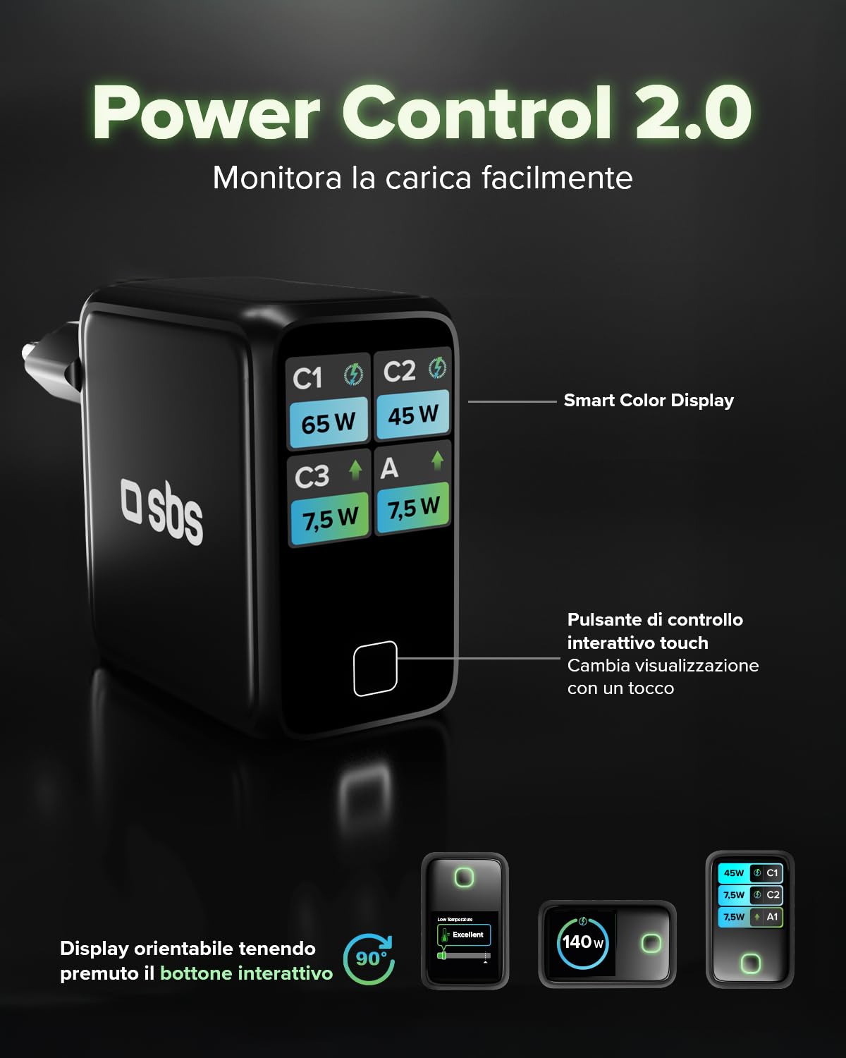 SBS Pulse Power 140W USB-C, Tecnologia GaN, Power Delivery (PD 3.1 PPS) | Smart Display AI, Controllo Touch, AFC, Alimentatore con Ricarica Rapida, Caricatore per Notebook, Tablet, iPhone, Android