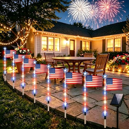8 Pack Solar American Flag Pathway Lights-4th of July Outdoor Decor American Flag Lights with 8 Modes Patriotic Pathway Lights for 250th Anniversary Celebration Independence Yard Garden Day Decor