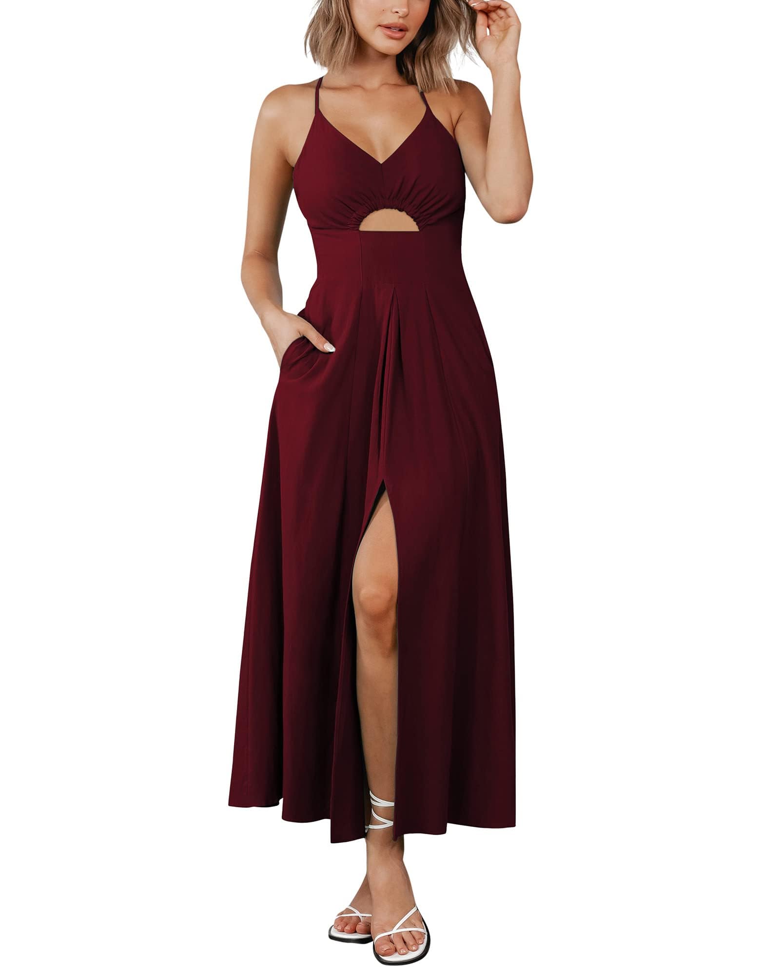 BTFBM Women 2025 Summer Spaghetti Strap Midi Dress Sleeveless V Neck Cutout Slit Casual Beach Party Maxi Dresses Pockets