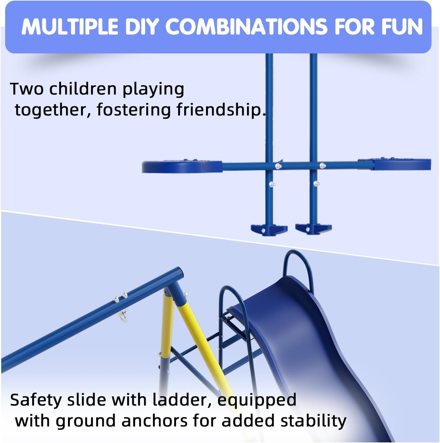 8 in 1 Swing Sets for Backyard,Metal Swing Set with Slide,Saucer Hammock,Toddler Swing,Teeter Totter,Soccer Goal & Basketball Hoop, Multi-Functional Outdoor Playset for Kids