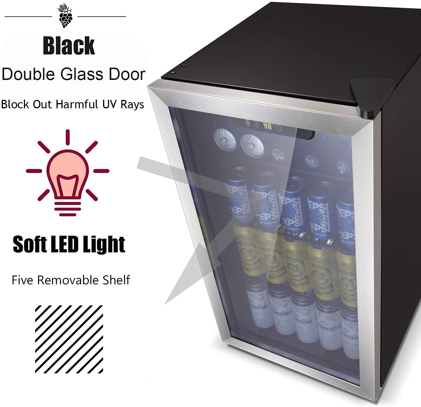 Antarctic Star Beverage Refrigerator -125 Can Mini Fridge For Soda Beer Or Wine, Stainless Steel Door Frame, For Office Or Bar With Adjustable Removable Shelves, Black, 3.3 Cu.Ft on Fridge.com - View 6