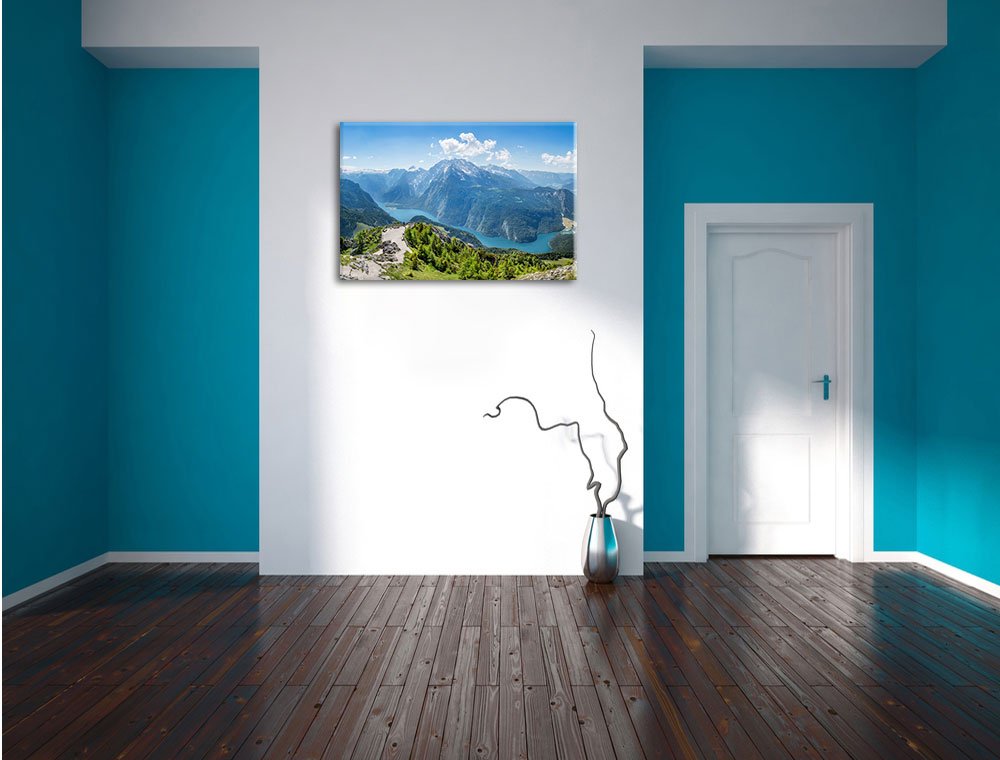 Pixxprint Blick vom Berg über dem Königssee in Bayern, Größe: 120x80cm, Leinwandbild, fertig gespannt, Wandbild, Dekoration, Kunstdruck, kein Poster