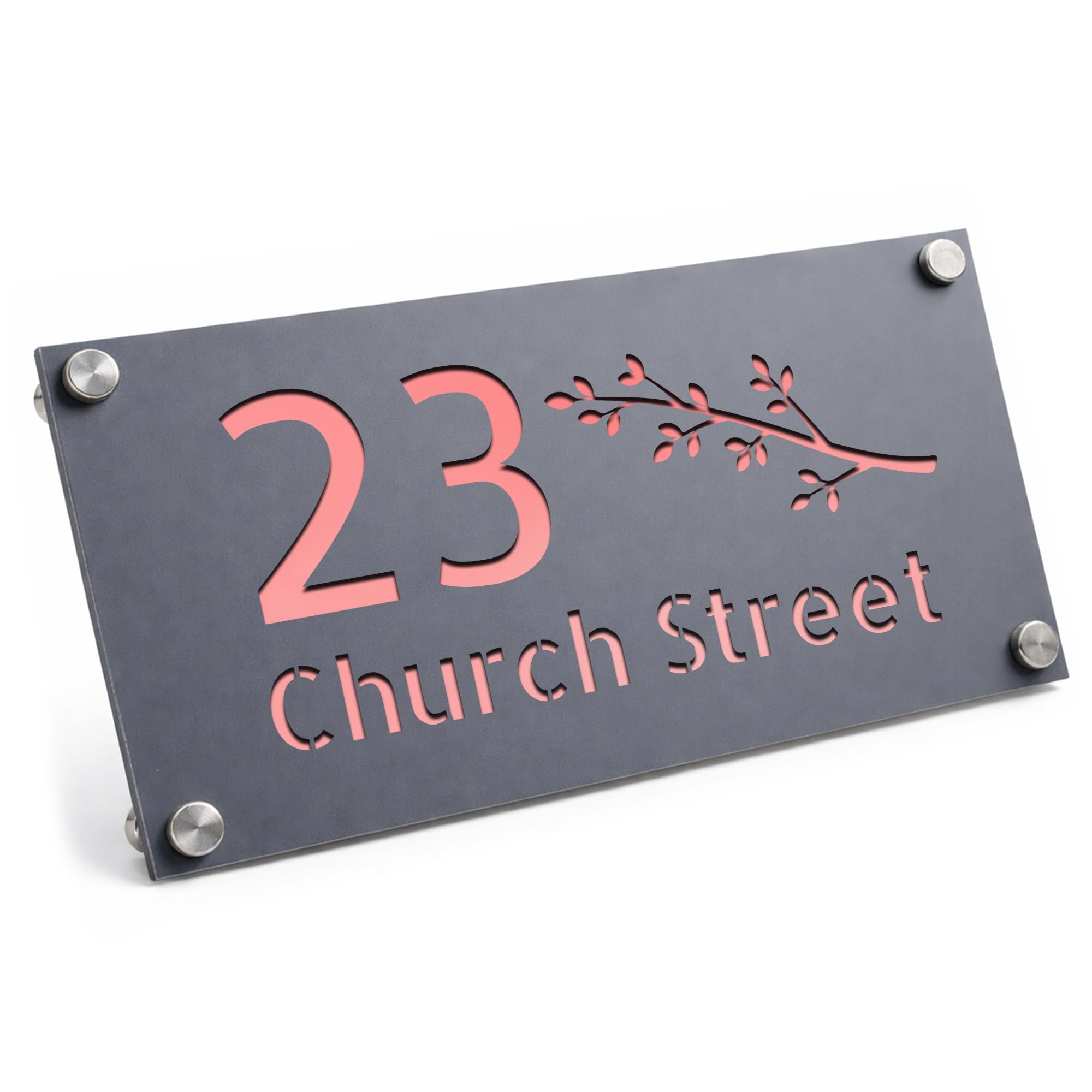 Red Ocean House Number Plaques - Matt Grey House Sign Plaque | Door Number For Outside Wall | Personalised Address Signs | Street Address Plaques (Grey With Rose Gold)