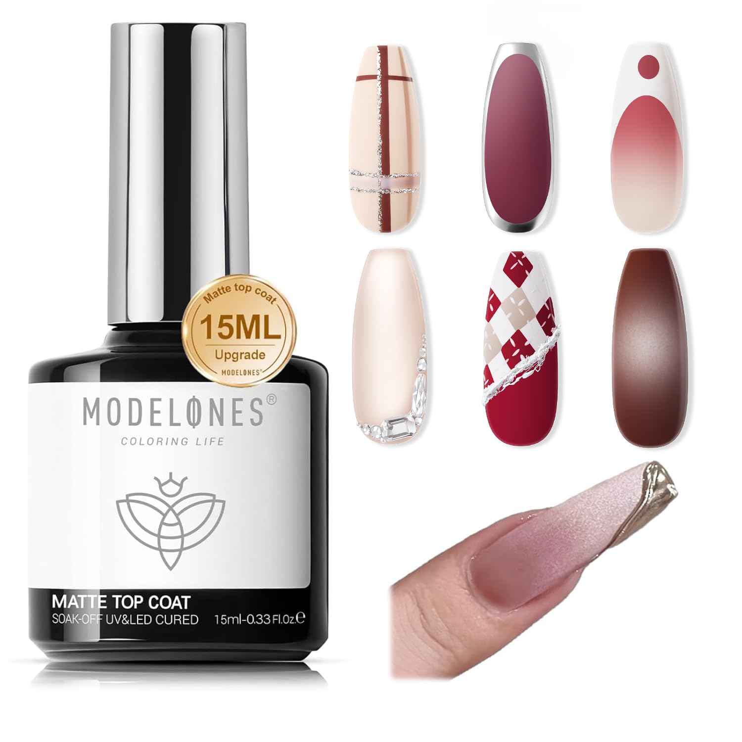 modelones Gel Top Coat, 15ml Matte No Wipe Top Coat Gel Nail Polish Soak Off Matte Finish Long Lasting DIY Home Nail Salon