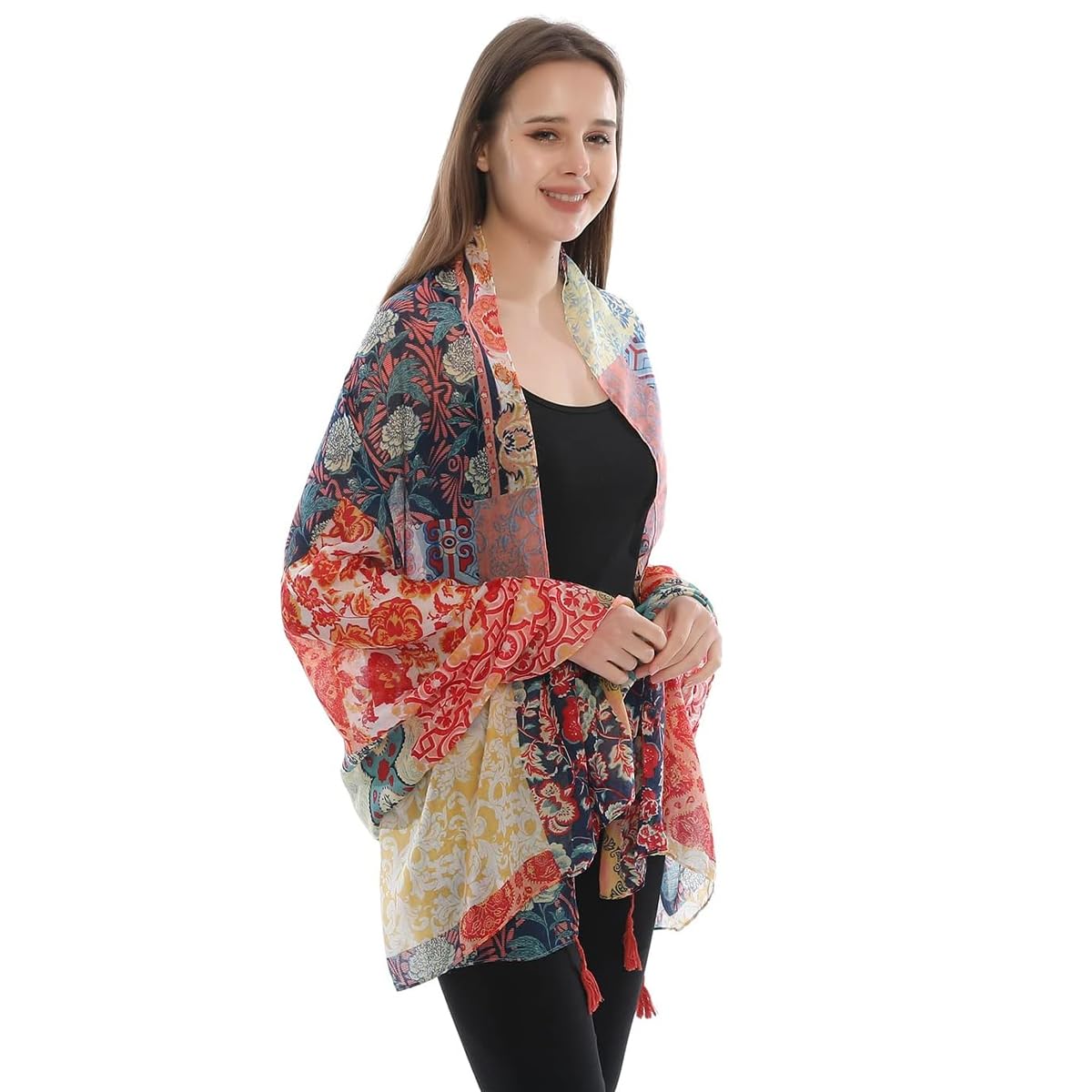 sannidhi Boho Shawl Scarf for Women Turkish Ethnic Floral Print Tassel Wrap Neck Scarf, Vintage Lightweight Sun Protection Scarves for Beach, Travel & Daily, 88x180cm-picture-23