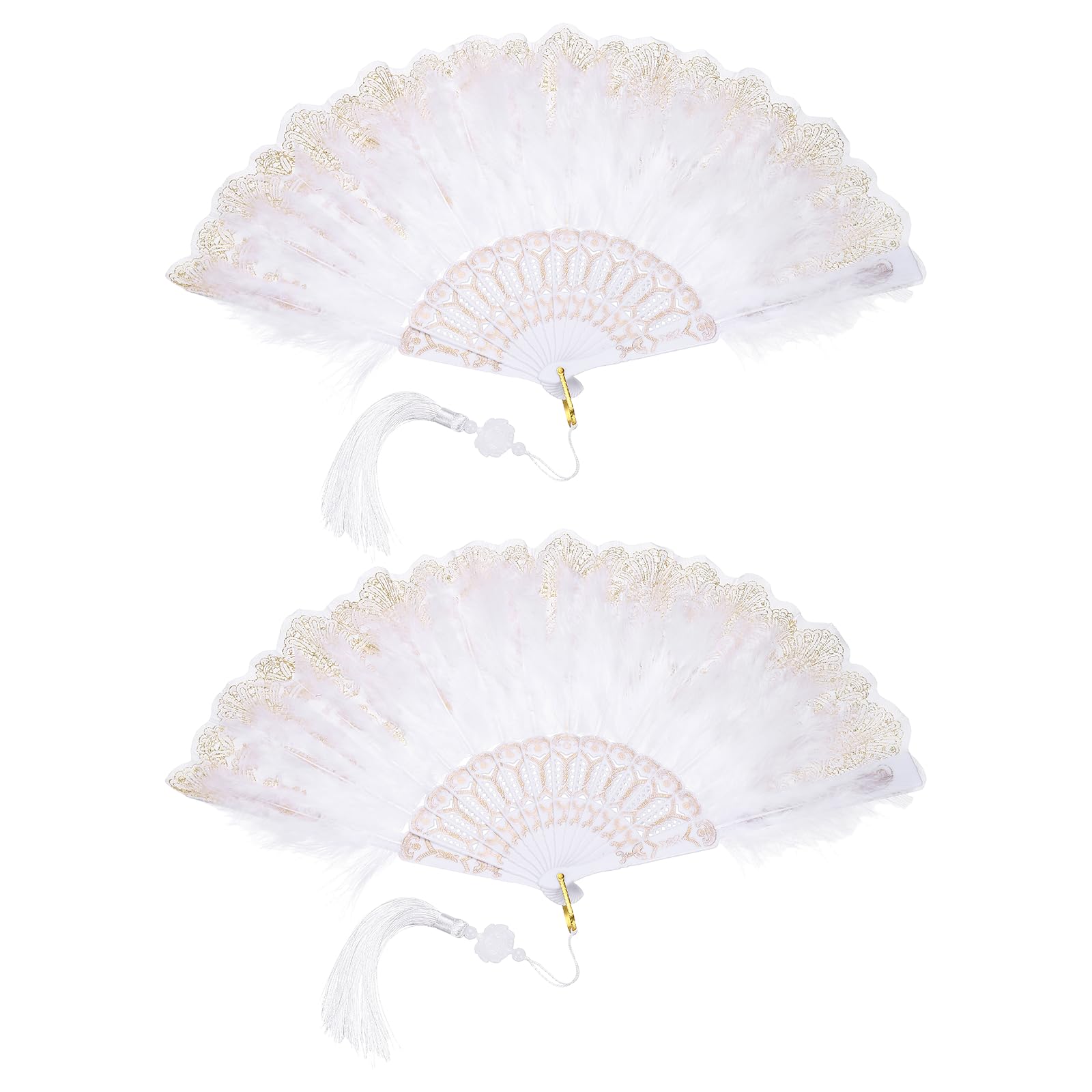 sourcing map 2 Pcs Vintage Folding Fan, Embroidered Flower Marabou Feather Fans 20s Vintage Style Handheld Folding Fan for Dancing Wedding Show Party Tea Party Occasions, White(Polyester)
