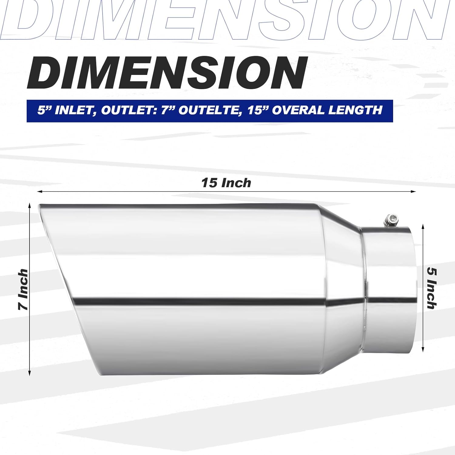 BBTO 2 Pcs 5'' Inlet Universal Diesel Truck Exhaust Tips, 7'' Outlet, Stainless Steel 5 to 7 Inch Tailpipe Tips, 15'' Long, Polished, Bolt On, Slant Angle Cut