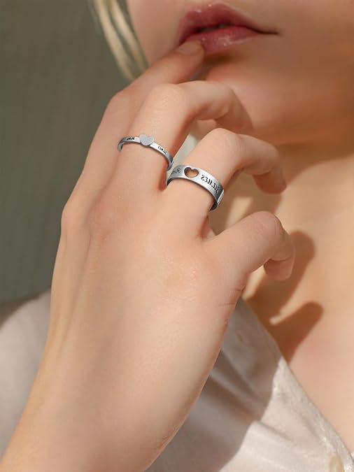 Custom4U Stainless Steel Promise Rings for Couples Custom Couple Rings for Him and Her Set Engraved Name Love Heart Wedding Band Anniversary Birthday Valentines Day Jewelry Gifts (with Gift Box)