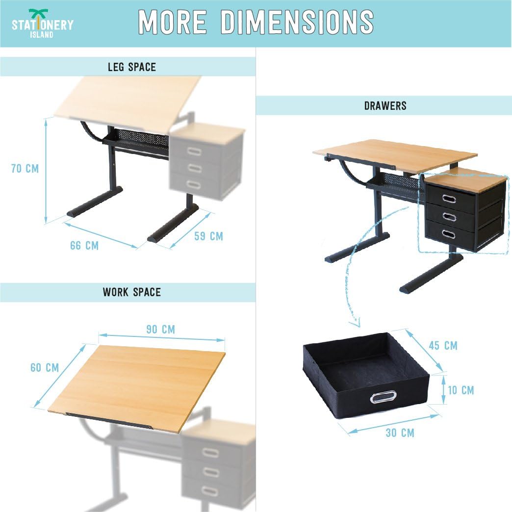 STATIONERY ISLAND Caye Table à Dessin pour l'art et l'Artisanat – Bureau à Dessin Inclinable avec Rangement, Tabouret et Pinces