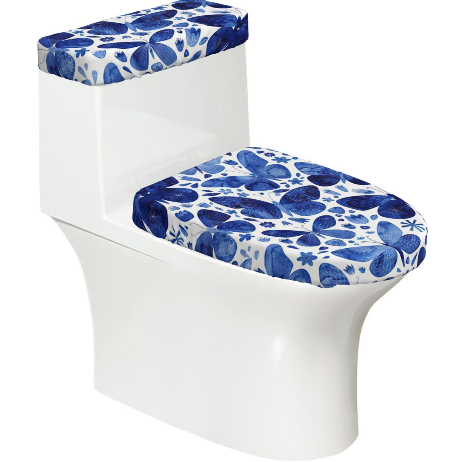 Blue Butterflies Print 2-Piece Stretch Toilet Cover Set, Elastic Breathable Toilet Seat and Tank Lid Protector
